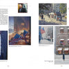 Two-page Stars & Stripes art catalog spread by Schiffer Publishing, Ltd. includes one small portrait photo, five cityscape paintings with American flag motifs shown in different weather, and descriptive text.