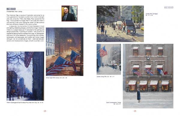 Two-page Stars & Stripes art catalog spread by Schiffer Publishing, Ltd. includes one small portrait photo, five cityscape paintings with American flag motifs shown in different weather, and descriptive text.