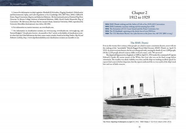 A black-and-white photo of the RMS Titanic at sea appears under a timeline (1912–1929) detailing maritime regulation changes; opposite, sources and chapter details from Maritime Casualties by Schiffer Publishing, Ltd. are listed.