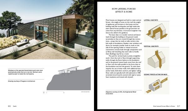 A two-page spread from "Designing for Disaster" by Schiffer Publishing, Ltd.: Left page shows a modern hillside house photo and drawing; right explains lateral forces on resilient homes with diagrams of lateral, vertical, and seismic loads.