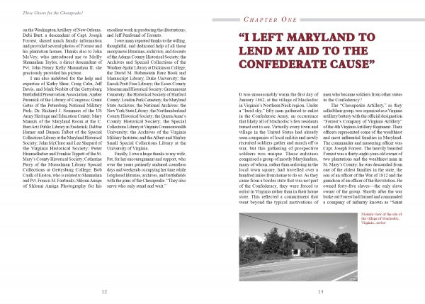 Two pages in "Three Cheers for the Chesapeake!" from Schiffer Publishing, Ltd. show text and a black-and-white photo of a rural road and historical marker. Chapter One, titled in red, explores Civil War history and the Chesapeake Artillery.
