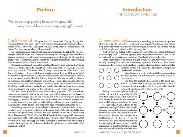 Two pages from Sweet 16 by Schiffer Publishing, Ltd.: The left page presents a preface with a quote about play and a section on aging gracefully; the right page introduces brain-boosting math puzzles and number games with grid circle diagrams.