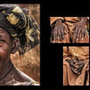 On the left, a close-up of an older woman in a patterned headscarf from Schiffer Publishing’s "Villages of West Africa" appears, while five smaller images of elders' hands are shown on the right against a black background.