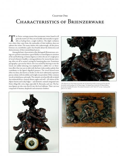 A page titled Characteristics of Black Forest Woodcarvings by Schiffer Publishing, Ltd. features two photos: a boy on a large dog and a detailed animal scene, with text on Swiss carving traditions and Black Forest decor.