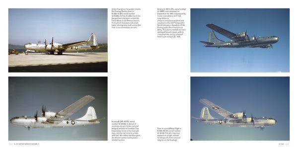 B-29 Superfortress, Vol. 1 by Schiffer Publishing, Ltd.: Four color photos of the iconic WWII Boeing bomber with U.S. military markings—two on the ground and two in flight under clear skies with text on a white background.