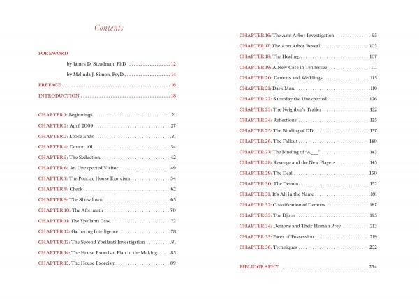 The table of contents for "Demons" by Schiffer Publishing, Ltd. lists chapters including Beginning, Exxon Exits, The Seduction, Loose Ends, The Ann Archer Investigation, The Raid, and The Demon Hunter and His Human Prey.