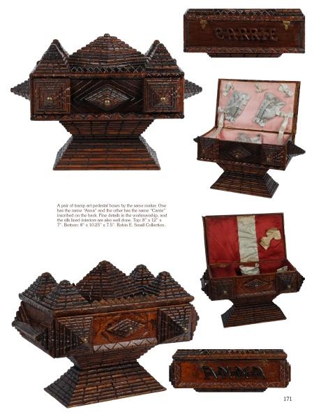 A collage of ornate geometric wooden boxes, crafted in folk art style, some open to reveal lined interiors. Featured in "A Legacy in Tramp Art" by Schiffer Publishing, Ltd., two lids are labeled CARRIE and MAMA.