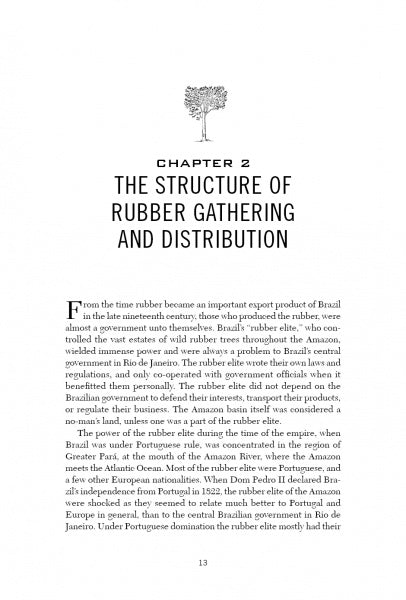 A book page from "Rubber Soldiers" by Schiffer Publishing, Ltd. titled Chapter 2: The Structure of Rubber Gathering and Distribution. It covers Brazil's rubber industry history and WWII rubber tappers. Page 13 noted at the bottom.