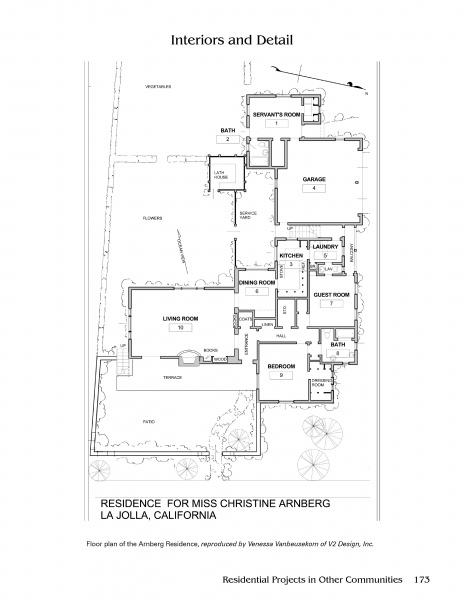 Black and white floor plan from "Lilian J. Rice" by Schiffer Publishing, Ltd., featuring the Arnberg Residence in La Jolla, CA with labeled Mediterranean-style rooms including living, kitchen, bedrooms, bath, servants room, garage, patios and landscaping.