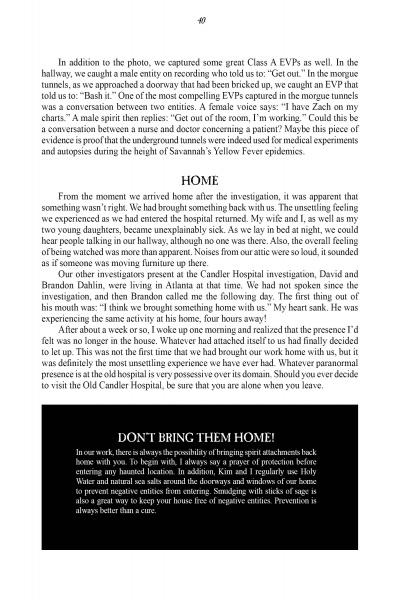 A page from "Savannah's Afterlife: True Tales of a Paranormal Investigator" (Schiffer Publishing, Ltd.) shows text on hospital tunnel hauntings, a chapter titled "HOME," and a bold warning: DONT BRING THEM HOME!.