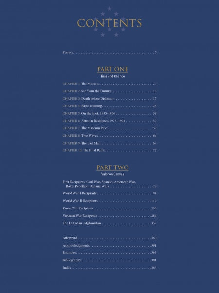 A blue table of contents page with gold text for "Valor in Action" by Schiffer Publishing, Ltd. lists a preface, two main parts—Time and Chance and Valor on Canvas—chapter titles with page numbers, topped by stars reflecting US Marines Medal of Honor art.