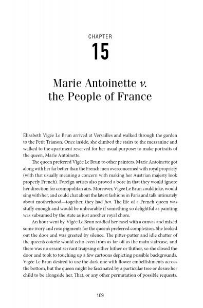 A book page titled Chapter 15: Marie Antoinette v. the People of France from Bad Blood by Schiffer Publishing, Ltd., featuring text on Élisabeth Vigée Le Brun’s Versailles arrival, art world ties, and painting Marie Antoinette.