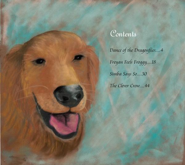 On the left, a happy golden retriever is drawn with its tongue out. On the right, a blue and brown background shows a contents list, story titles, and page numbers for Schiffer Publishing’s Rupert’s Tales: Rupert Helps Clean Up.