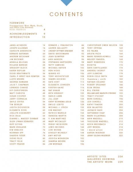 The Painted Sky table of contents (Schiffer Publishing, Ltd.) lists Foreword, Notes, Acknowledgements, Introduction, Artists Sites, Galleries, and Artists Work with contemporary artists’ names and page numbers in three columns.