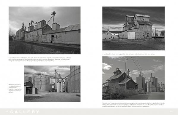 Down by the Feed Mill" by Schiffer Publishing, Ltd. features a grayscale photo collage of historic grain elevators and silos in rural America, highlighting structures that once drove the agricultural economy, with descriptive text included.