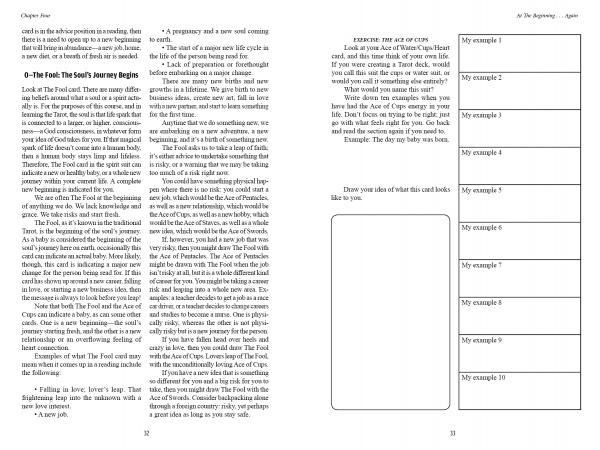 A Course in Tarot by Schiffer Publishing, Ltd. features two book pages: left side explains The Fool—The Soul’s Journey Begins in Tarot; right side has a chart for card examples and a blank box to draw the card as you learn Tarot.