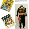 A page from "Halloween in America" by Schiffer Publishing, Ltd. features two vintage costume boxes with masks—one Halloween-themed, one astronaut—and a Zorro costume with mask and hat on a mannequin, showcasing unique collectibles.