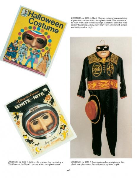 A page from "Halloween in America" by Schiffer Publishing, Ltd. features two vintage costume boxes with masks—one Halloween-themed, one astronaut—and a Zorro costume with mask and hat on a mannequin, showcasing unique collectibles.