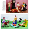 Two images of Schiffer Publishing, Ltd. Dollhouse and Miniature Dolls: Vintage figures with a dog in a living room above, and modern dolls outdoors by a barbecue with family and a yellow lounge chair below.