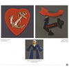Schiffer Publishing, Ltd.'s WWII Bakelite Jewelry features sailor-themed pins: a red heart with anchor, black anchor reading “Sailor!” with a red arrow, and a sailor in blue pants—each shown on a plain background.