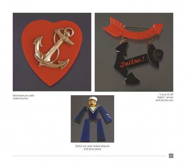 Schiffer Publishing, Ltd.'s WWII Bakelite Jewelry features sailor-themed pins: a red heart with anchor, black anchor reading “Sailor!” with a red arrow, and a sailor in blue pants—each shown on a plain background.
