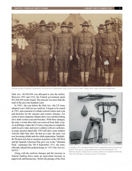 A photo from "To Hell with the Kaiser, Vol. I" (Schiffer Publishing, Ltd.) shows four National Guardsmen in WWI uniforms, standing in a row. Below is a display of their gear—hat, rifle, boots—while text frames both images.