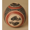 Mata Ortiz Pottery Today by Schiffer Publishing, Ltd. showcases beige polished pots with etched red and black geometric and fish patterns, including two stylized fish at the center—perfect for ceramics enthusiasts and collectors.