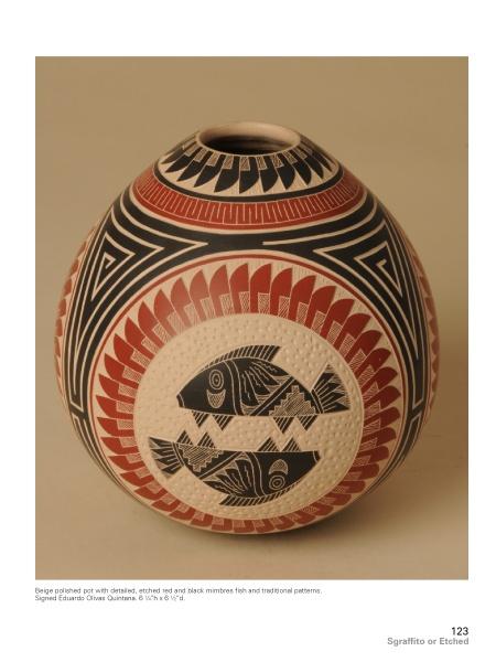Mata Ortiz Pottery Today by Schiffer Publishing, Ltd. showcases beige polished pots with etched red and black geometric and fish patterns, including two stylized fish at the center—perfect for ceramics enthusiasts and collectors.