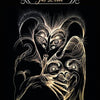 Golden abstract line art of “The Devil” from the White Witch Tarot by Schiffer Publishing, Ltd., on a black background, featuring a horned demonic face with intense eyes and swirling surreal horns and hands.