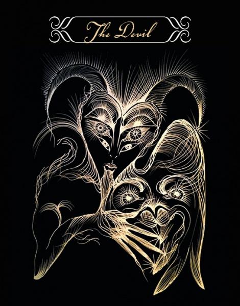 Golden abstract line art of “The Devil” from the White Witch Tarot by Schiffer Publishing, Ltd., on a black background, featuring a horned demonic face with intense eyes and swirling surreal horns and hands.