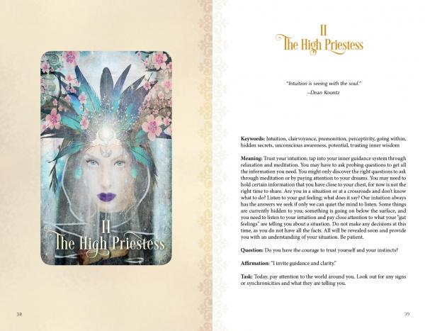 The Tarot of Enchanted Dreams by Schiffer Publishing, Ltd. presents The High Priestess, showing a mystical woman's jeweled headdress. The page includes keywords, meanings, a quote, affirmation, and questions to reflect on intuition.