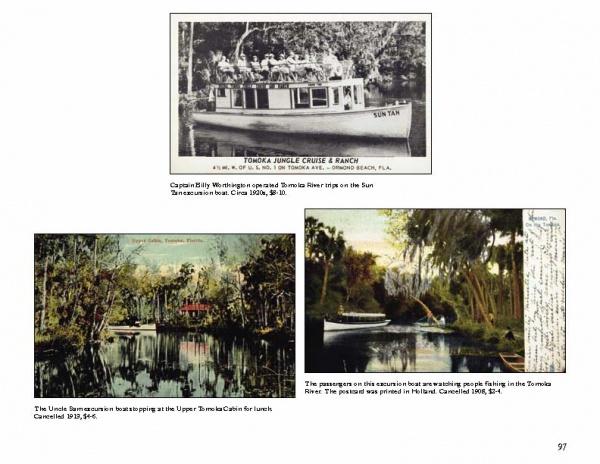 Three vintage images from "Greetings from Ormond Beach, Florida" by Schiffer Publishing, Ltd.: tour boat labeled Tomoka Jungle Cruise & Ranch, boat moored on a tree-lined river, and people fishing—classic postcard scenes.