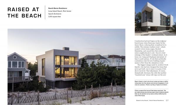 The book "Designing for Disaster" by Schiffer Publishing, Ltd. features a modern beach house with large glass windows on pillars, innovative design, sandy surroundings, fencing, and neighboring homes under a clear sky, plus an inset with trees and blue sky.
