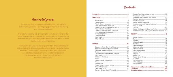 A two-page book spread from Serbian Cooking by Schiffer Publishing, Ltd.: The left, in mustard yellow, shows “Acknowledgments” with a thank-you message in cursive and print; the right, white with maroon text, displays the cookbook’s table of contents.