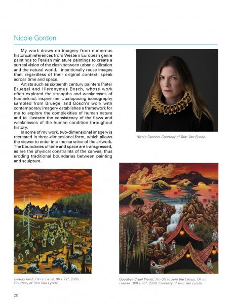 A page from 100 Artists of the Midwest by Schiffer Publishing, Ltd. showcases Nicole Gordon’s statement, her portrait in a gold collar, and two vibrant contemporary paintings, each with captions and credits at the bottom.