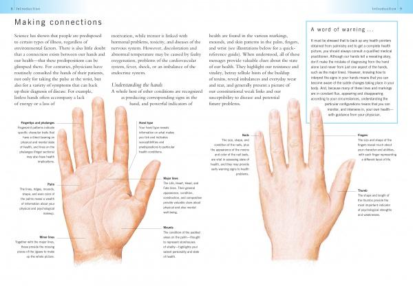 The cover of "Your Health in Your Hands" by Schiffer Publishing, Ltd. shows two hands labeled with traits like hand size, finger length, and lines, highlighting how palmistry can reveal health insights and personality clues.