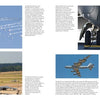 A two-page spread in Schiffer Publishing, Ltd.’s B-52 Stratofortress displays five images: a bomb drop, landing gear close-up, taxiing on the runway, and two in flight—showcasing this key US deterrent. Text surrounds the photos.