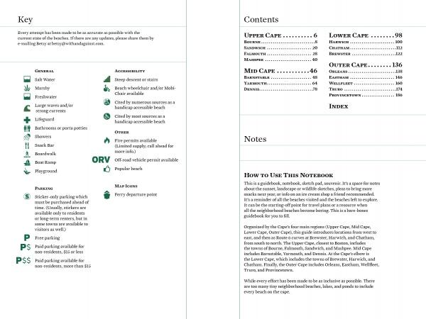 A Cape Cod Notebook by Schiffer Publishing, Ltd. features a spread with a key for accessibility, parking, and map icons on one page and contents, notes, plus usage instructions for journaling beach visits on the other.