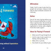 Thank Forward by Schiffer Publishing, Ltd.: An illustrated book spread—left page shows two red birds with a letter, text “Pay it Forward—Gratitude for Giving without Expectation.” Right page features kindness and gratitude cards to inspire giving.