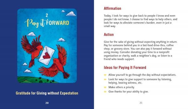 Thank Forward by Schiffer Publishing, Ltd.: An illustrated book spread—left page shows two red birds with a letter, text “Pay it Forward—Gratitude for Giving without Expectation.” Right page features kindness and gratitude cards to inspire giving.