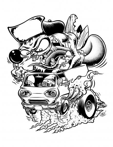 Mind Melter by Schiffer Publishing, Ltd. features bold black-and-white ink drawings of a cartoon character in a car, inspired by Dirty Donny Gillies, bringing pop culture coloring book vibes to life.