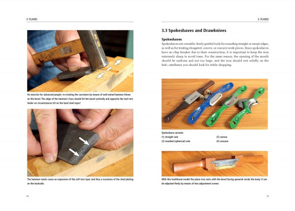 Sharpening Woodworking Tools by Schiffer Publishing, Ltd. is a photo guide featuring close-ups of sharpening hand tools, including a hammer, spokeshaves, and a drawknife, along with tips for sharpening techniques and proper tool maintenance.