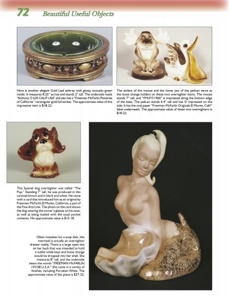 A catalog page displays five Freeman-McFarlin Pottery ceramic figurines from Schiffer Publishing, Ltd., each featuring detailed text and showcasing unique animal sculptures in California pottery styles.