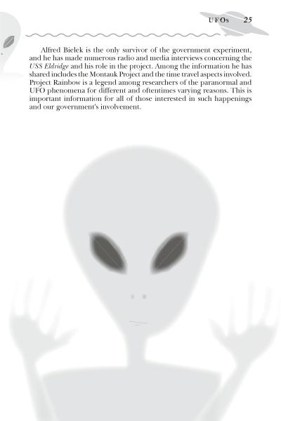 A grayscale illustration of an alien with large black eyes and three fingers raised appears on a page labeled “UFOs 25” in Schiffer Publishing, Ltd.'s "UFOs in Missouri," evoking intrigue about extraterrestrial encounters and government involvement.