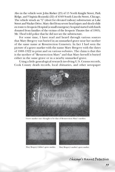 Page 35 of "Chicago's Haunt Detective" (Schiffer Publishing, Ltd.) tells the tale of Mary Bregovy’s grave marker—linked to Chicago ghost legends—and includes two black and white photos of markers, each with captions.