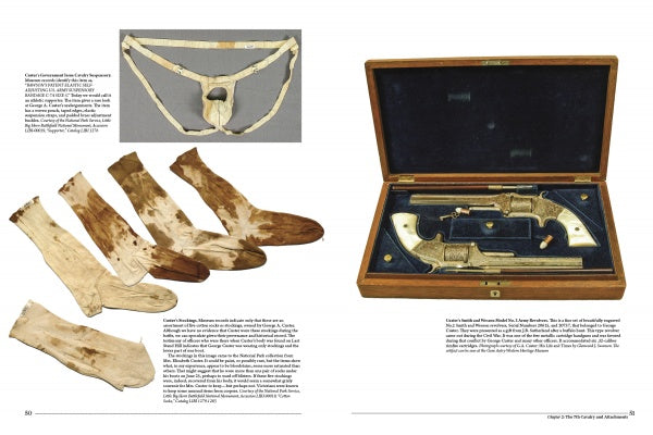 A spread from "Artifacts of the Battle of Little Big Horn" by Schiffer Publishing, Ltd. shows old socks and an undergarment thought to be Custer artifacts on the left, and a wooden case with antique pistols on the right.