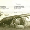 Four sheep rest under a fallen tree in a field with bare trees behind them. On the left, the table of contents for "Yesterday's Farm Tools & Equipment" by Schiffer Publishing, Ltd. is visible.