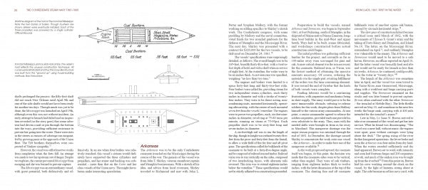 A scanned book spread from "The Confederate Steam Navy" by Schiffer Publishing, Ltd. shows three columns of dense text. Two black-and-white diagrams on the left page illustrate a Civil War-era ironclad’s top and side views.
