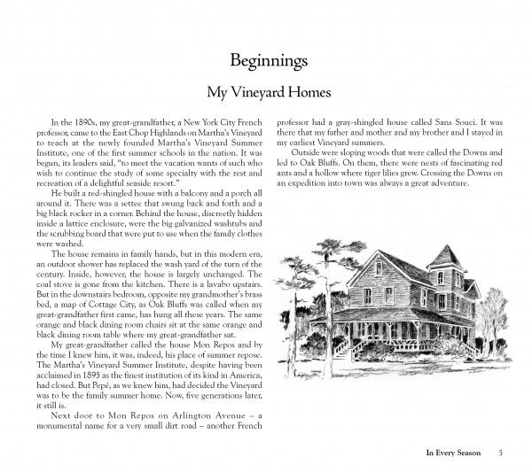 A page from Schiffer Publishing, Ltd.’s “In Every Season” displays two-column text and a black-and-white illustration of a spacious, two-story house with a porch and trees, capturing Martha’s Vineyard charm in the page’s lower right corner.