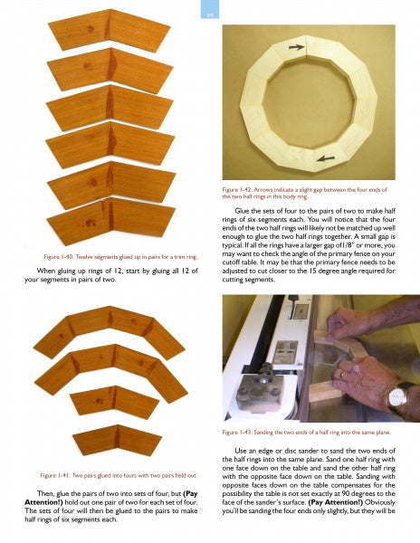 “Segmented Bowls for the Beginning Turner” by Schiffer Publishing, Ltd. offers step-by-step guides for gluing and sanding wooden rings, with detailed images and captions—perfect for beginners making segmented bowls on the lathe.
